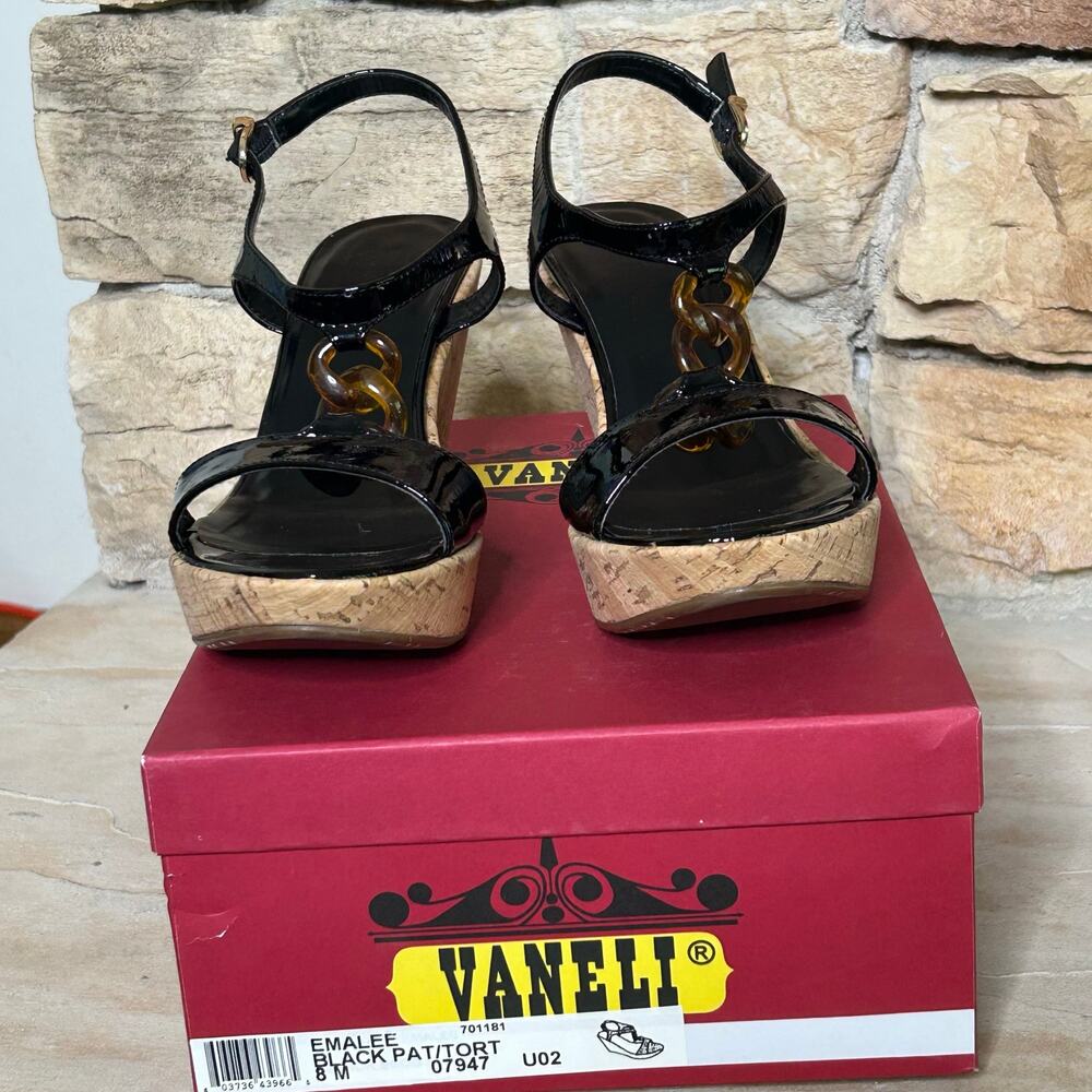 Vaneli Emalee Black Patent Ankle Strap Cork Wedge Peep Toe Sandals Sz 8 - Picture 3 of 11